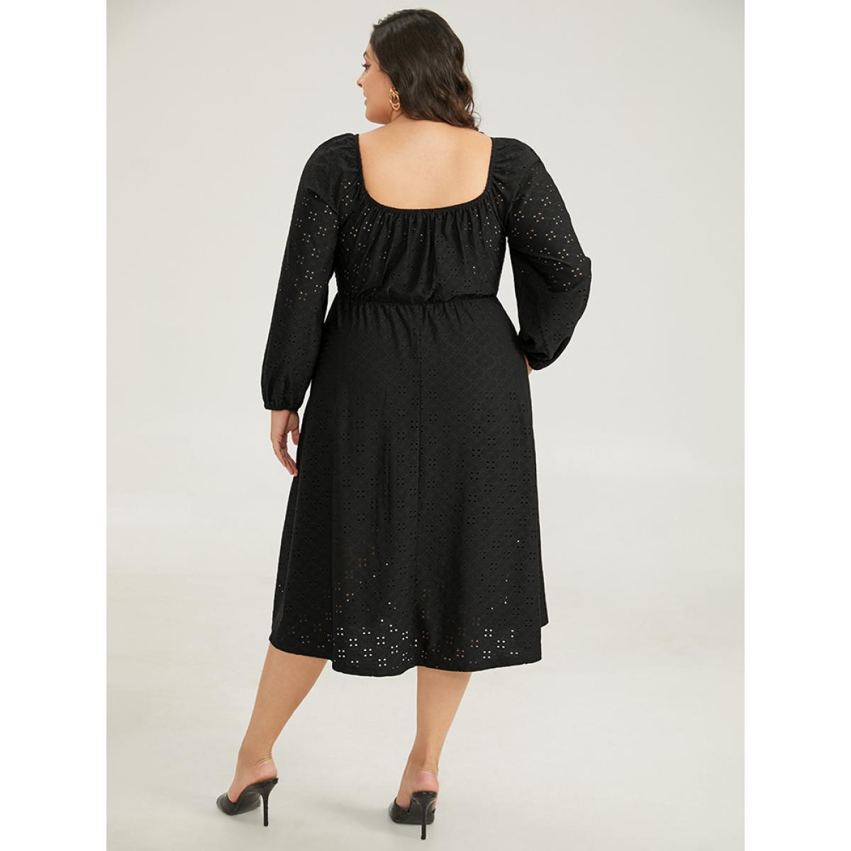 Plus Size Plain Square Neck Laser Cut Lantern Sleeve Dress Black Women Elegant Elastic cuffs Square Neck Long Sleeve Curvy Midi Dress BloomChic 12/L Product Image