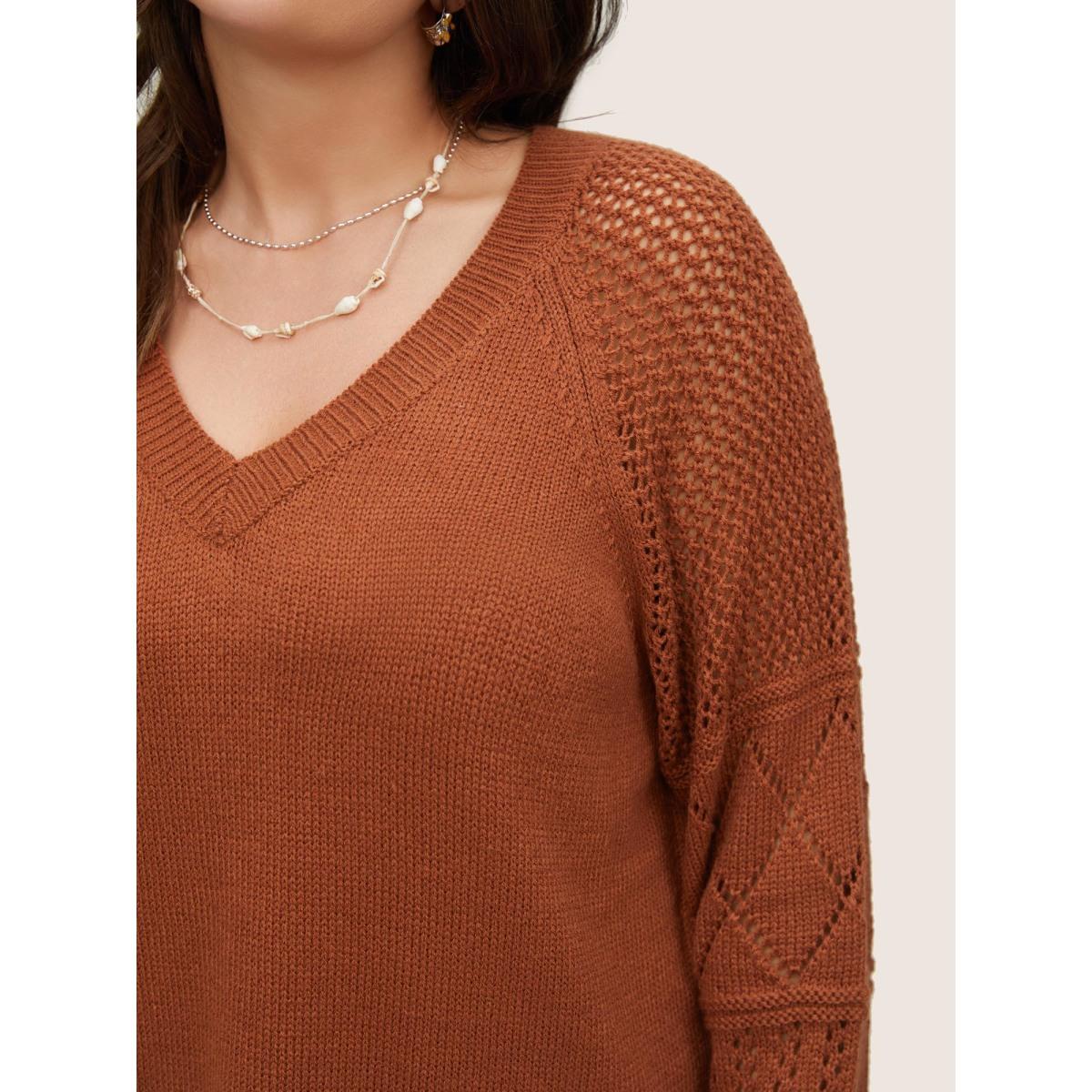 Plus Size Geometric Hollow Out Raglan Sleeve Pullover Chocolate Women Casual Long Sleeve V-neck Everyday Pullovers BloomChic 30/6X Product Image