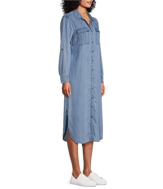 Westbound 3/4 Roll-Tab Sleeve Point Collar Button Front Chambray Midi Shirt Dress Product Image