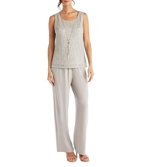 R & M Richards Petite Size Pleated Metallic Scoop Neck 3/4 Sleeve 2-Piece Pant Set Product Image