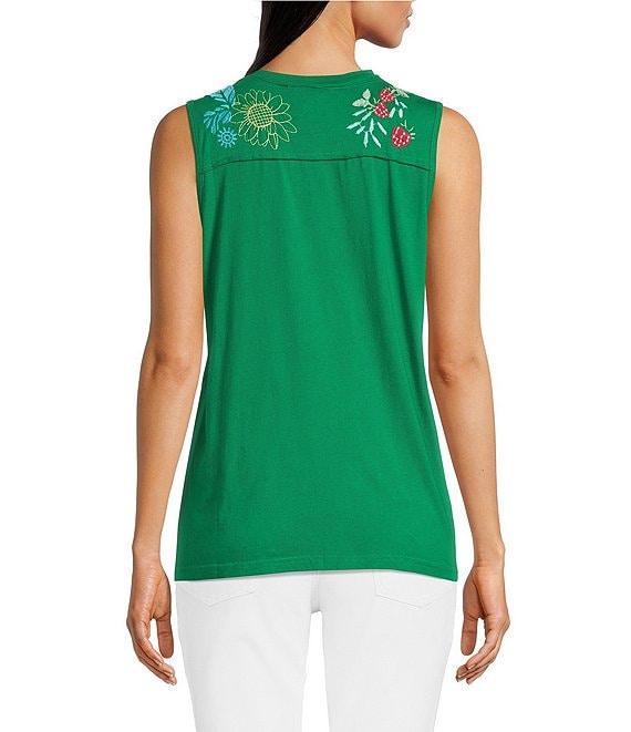 JOHNNY WAS Embroidered Floral Cotton Knit Raw Edge Detail Round Neck Henley Sleeveless Tank Product Image