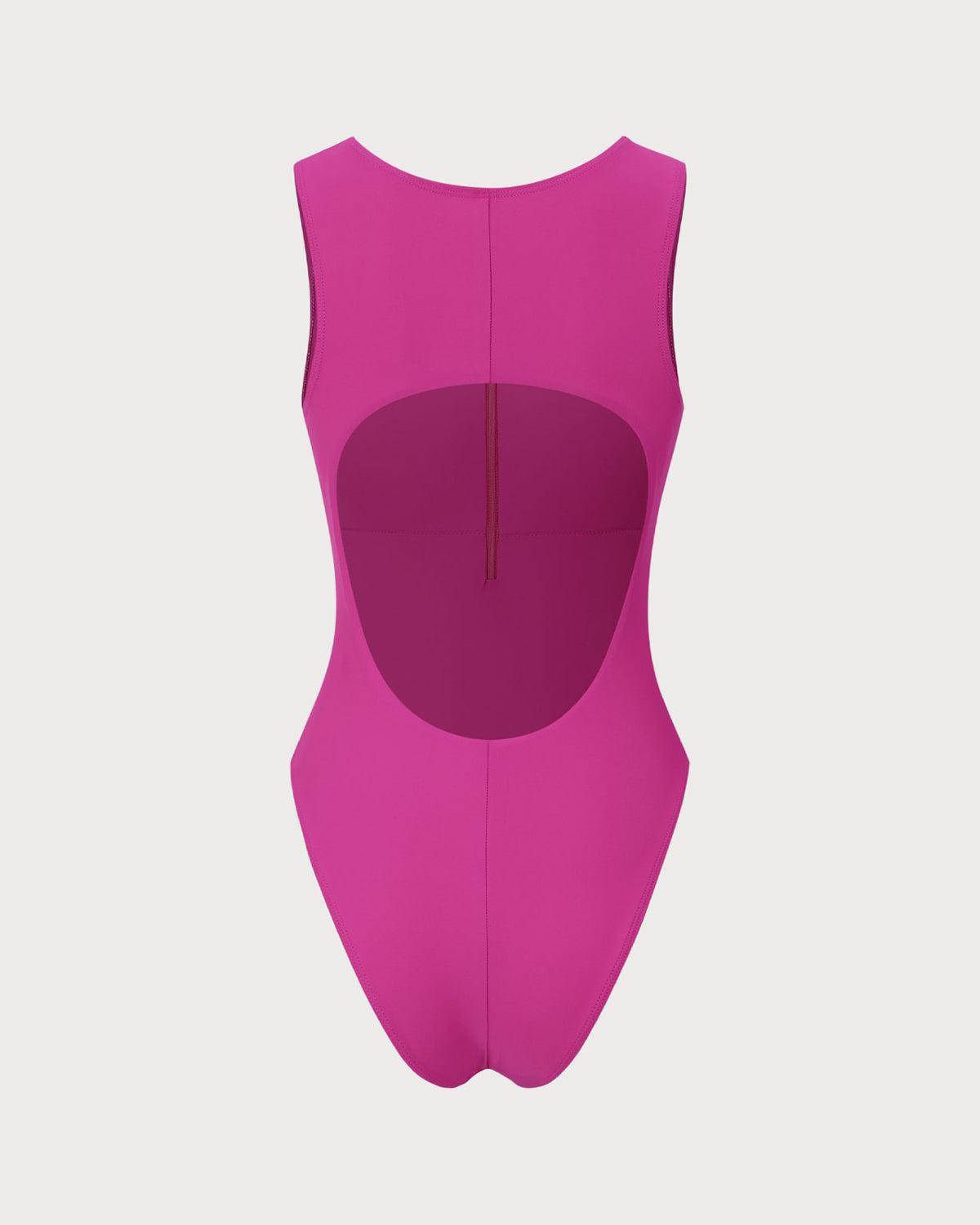 Rose Red Knit Zipper One-Piece Swimsuit Product Image