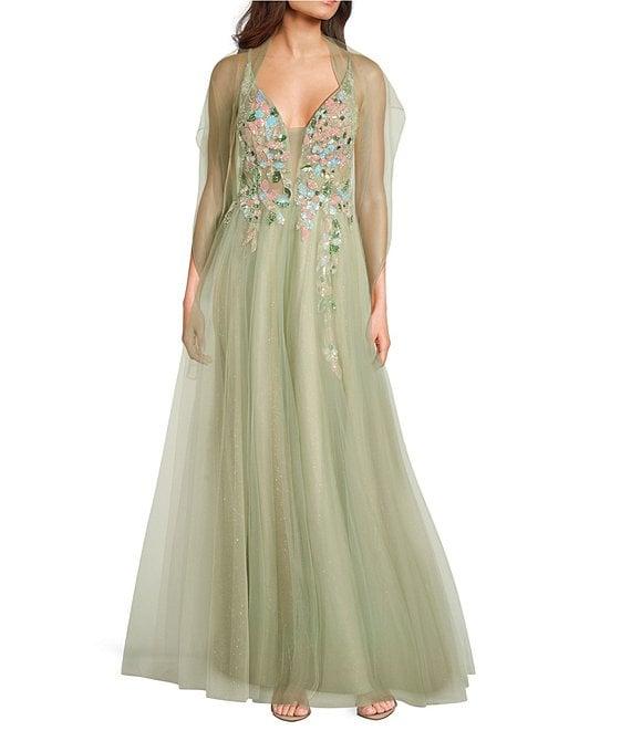 Coya Collection Floral Applique Deep V-Neck Fitted Bodice Gown Product Image
