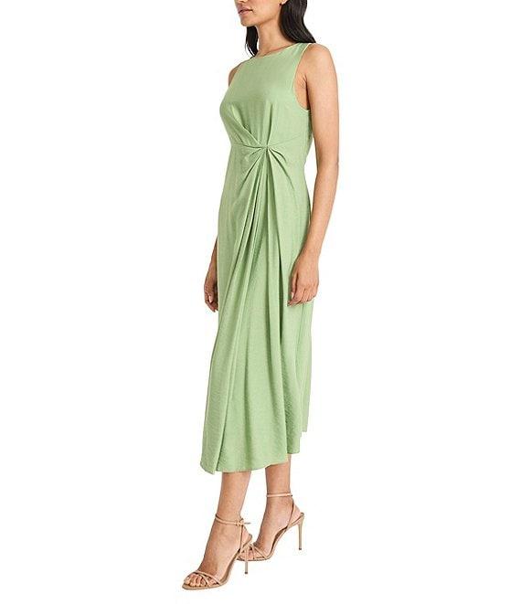 Maggy London Crew Neck Sleeveless Twist Front Textured Draped Midi Dress Product Image