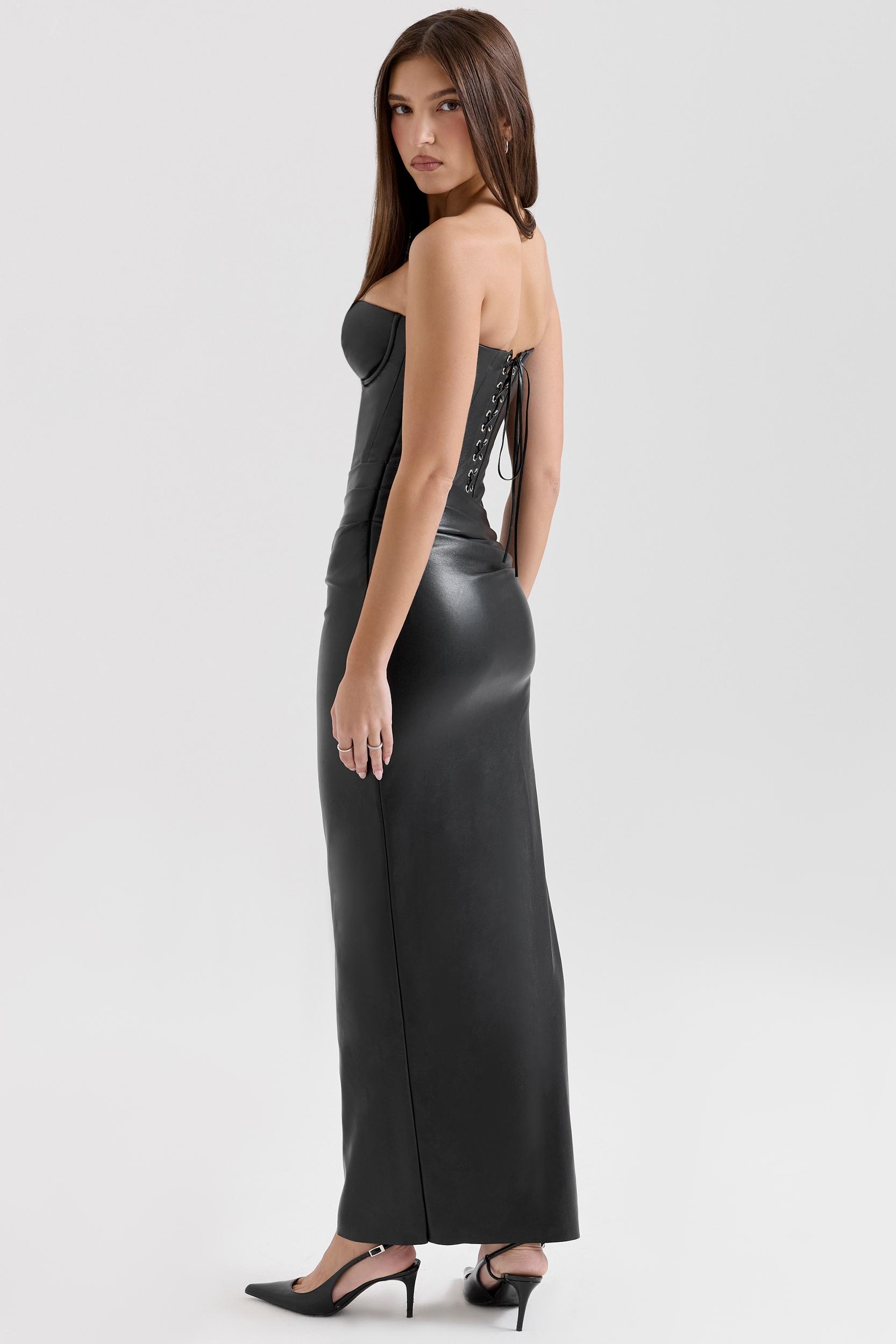 Juliana  black strapless vegan leather midi dress Product Image