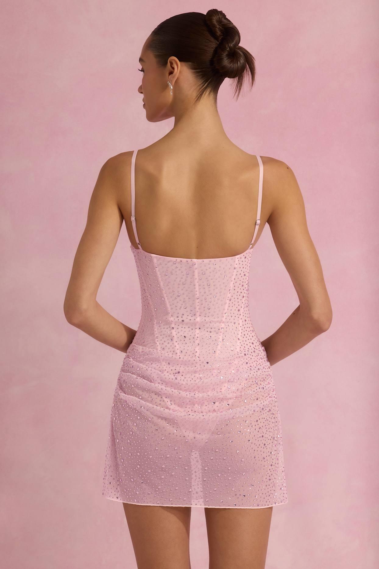 Semi-Sheer Embellished Draped Corset Mini Dress in Pink Product Image