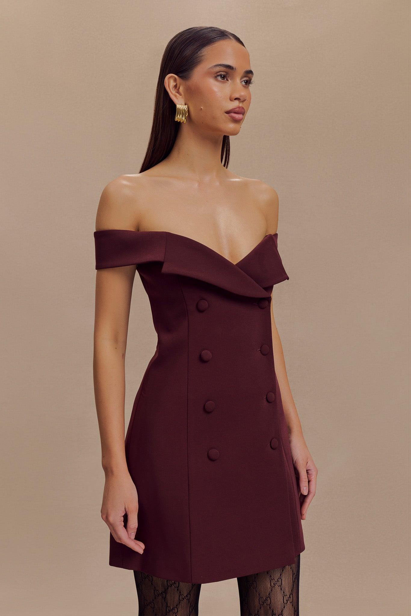 Noelle Off Shoulder Suiting Mini Dress - Mahogany Product Image