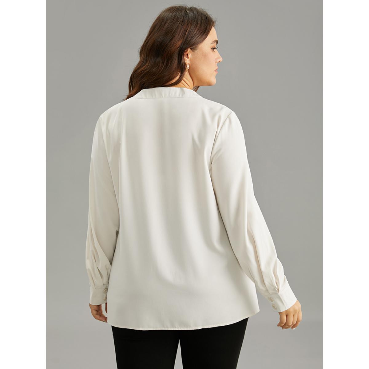 Plus Size Ivory Solid Notched Button Through Blouse Women Office Long Sleeve Notched collar Office Blouses BloomChic 18-20/2X Product Image