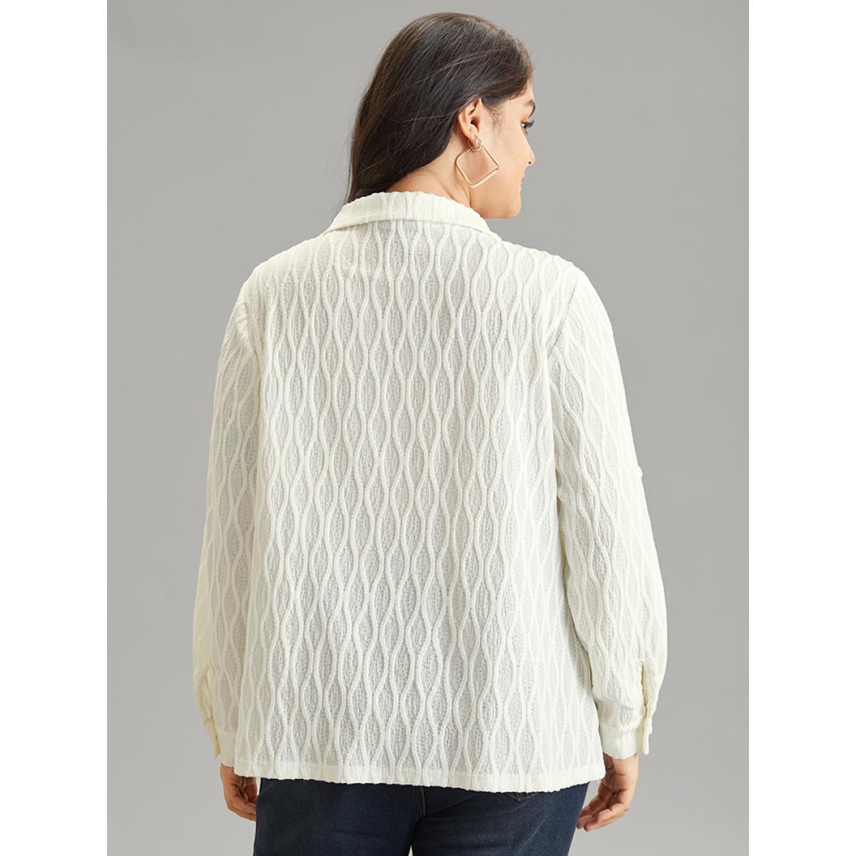 Plus Size Ivory Plain Shirt Collar Tab Sleeve Jacquard Blouse Women Casual Long Sleeve Shirt collar Office Blouses BloomChic 12/L Product Image