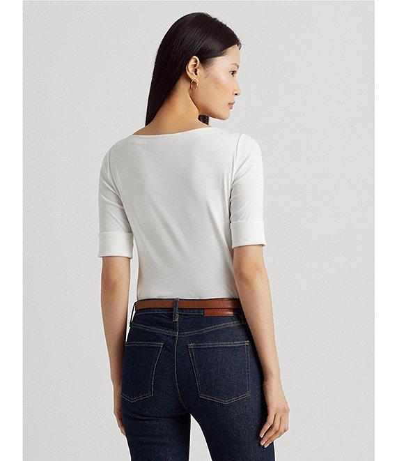 Lauren Ralph Lauren Stretch Cotton Blend Boat Neck Short Rolled Sleeve Shirt Product Image