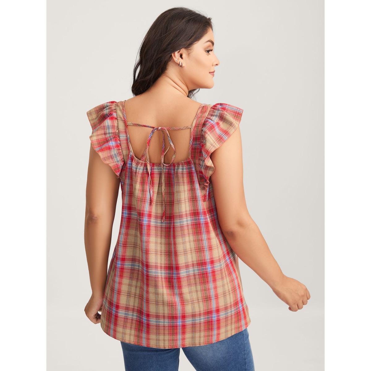 Plus Size Raspberry Plaid Print Flutter Sleeve Pleated Blouse Women Leisure Cap Sleeve Square Neck Casual Blouses BloomChic 28/5X Product Image