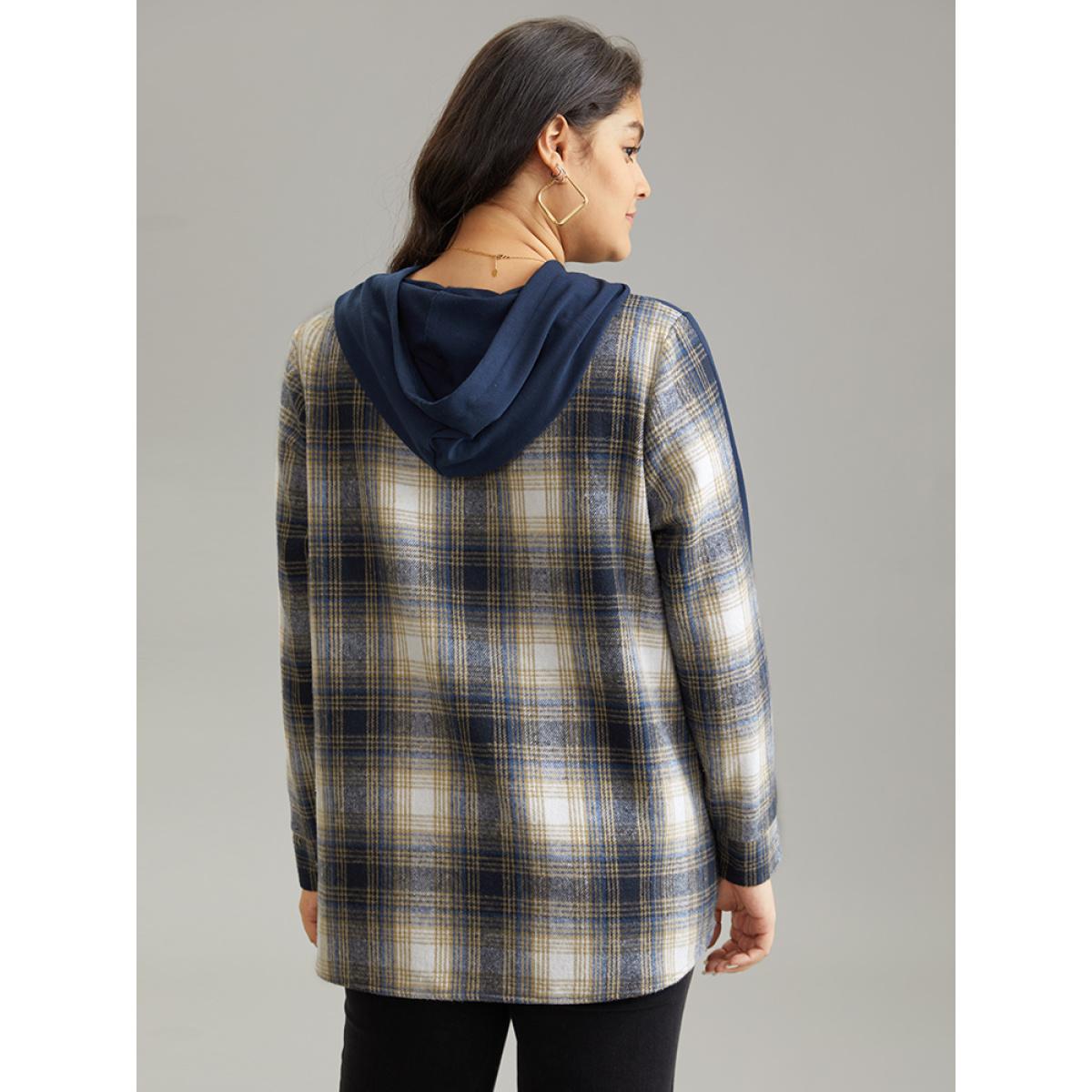 Plus Size Contrast Plaid Hooded Curved Hem Sweatshirt Women Blue Casual Contrast Hooded Dailywear Sweatshirts BloomChic 14-16/1X Product Image