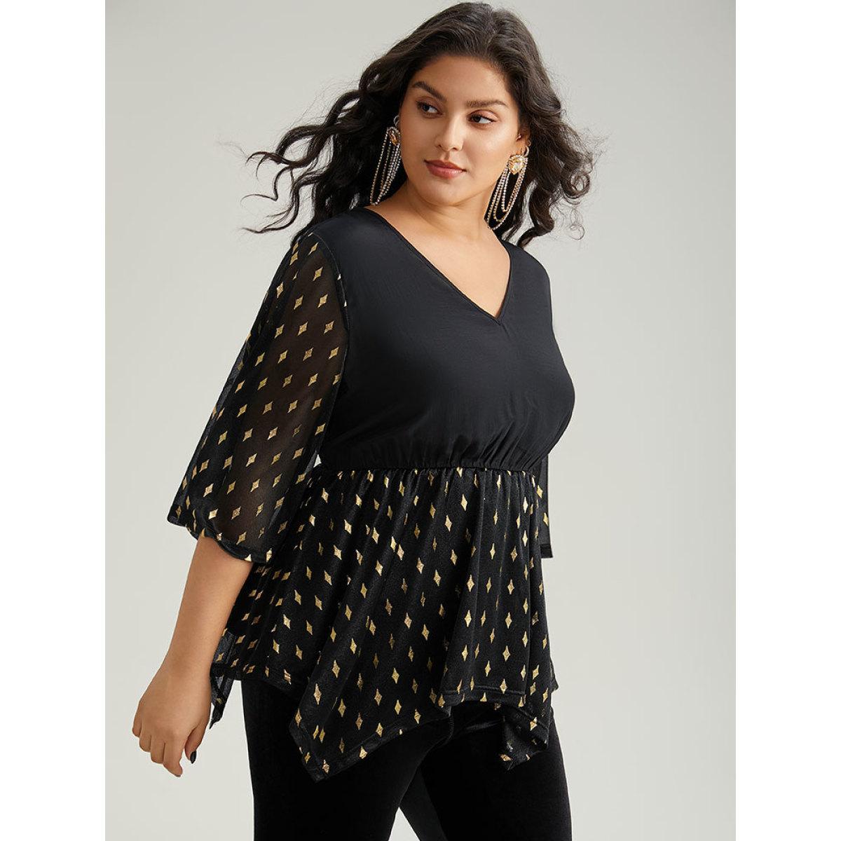 Plus Size Black Glitter Patchwork Mesh Hanky Hem Blouse Women Glamour Elbow-length sleeve V-neck Festival-Christmas Blouses BloomChic 12/L Product Image