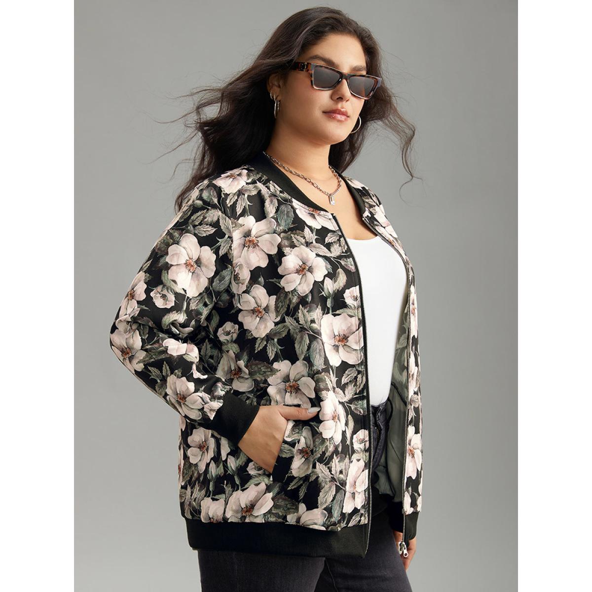 Plus Size Floral Print Patchwork Zipper Jacket Women BlackFlower Elastic cuffs Pocket Everyday Jackets BloomChic 14-16/1X Product Image