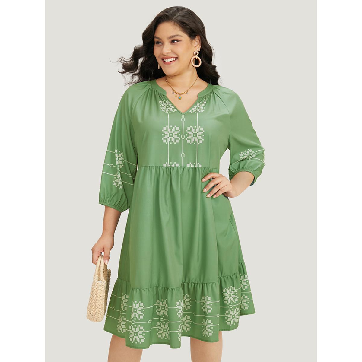 Plus Size Bandana Print Notched Layered Hem Elastic Cuffs Dress Mint Women Vacation Elastic cuffs Notched collar Elbow-length sleeve Curvy Midi Dress BloomChic 26/4X Product Image