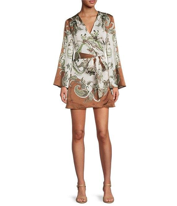 Gianni Bini Jenni Paisley Printed Satin V-Neck Long Sleeve Mini Wrap Dress Product Image