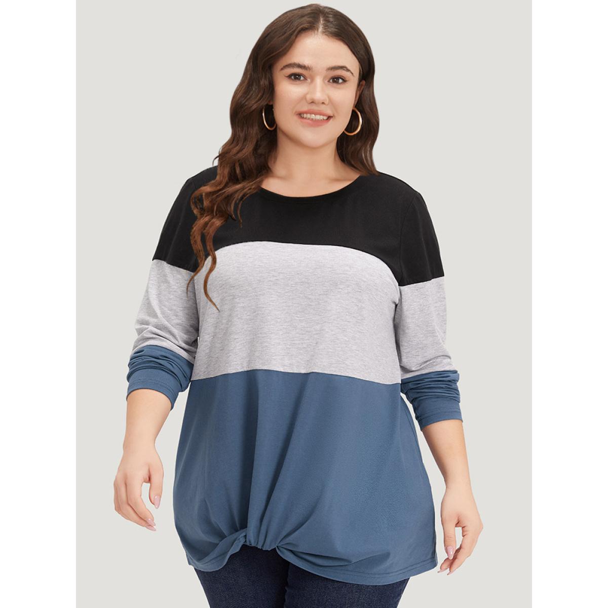 Plus Size Round Neck Twist Front Patchwork Contrast T-shirt Multicolor Women Casual Contrast Plain Round Neck Dailywear T-shirts BloomChic 12/L Product Image
