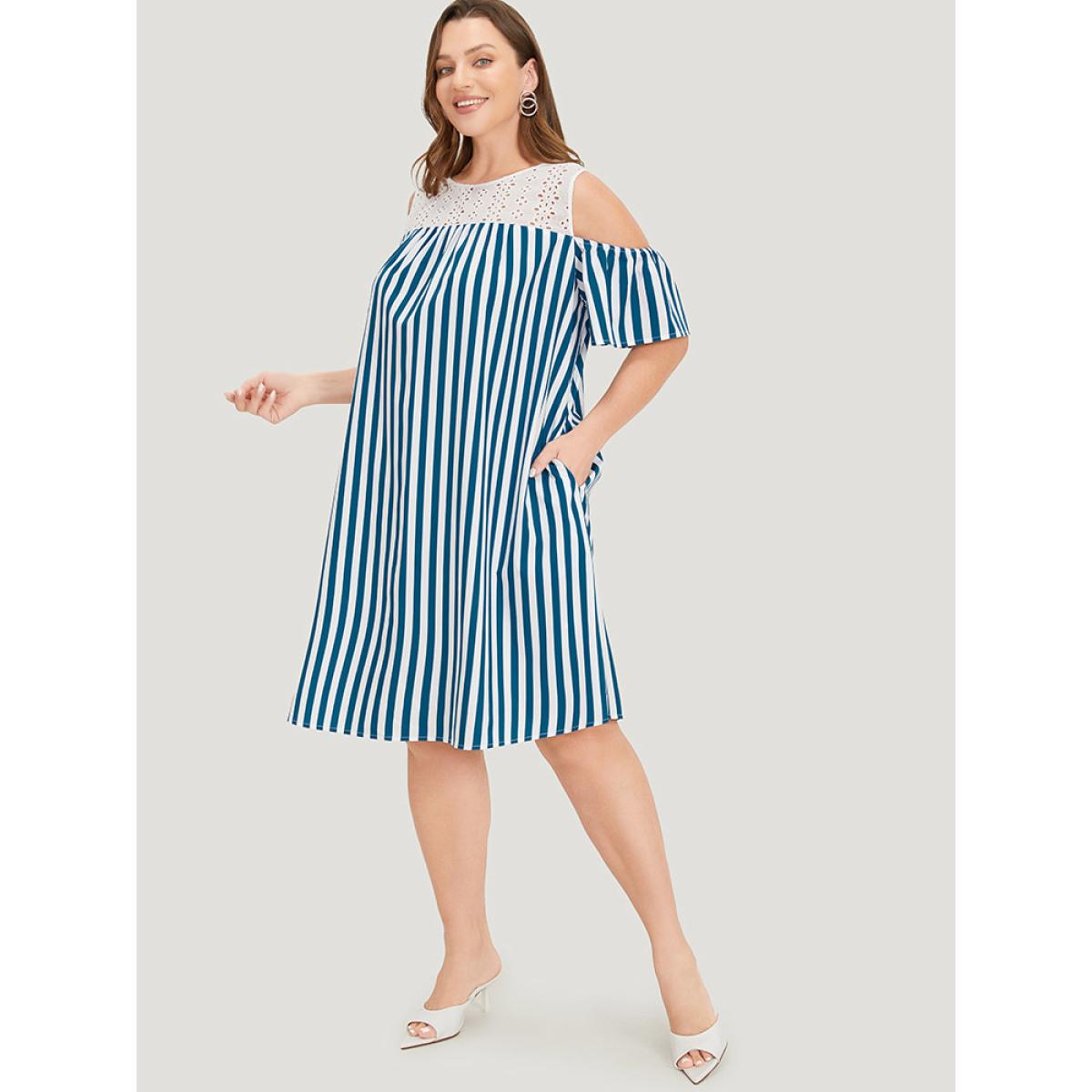 Plus Size Laser Cut Pocket Striped Patchwork Keyhole Dress Aegean Women Office Patchwork Round Neck Short sleeve Curvy Knee Dress BloomChic 18-20/2X Product Image