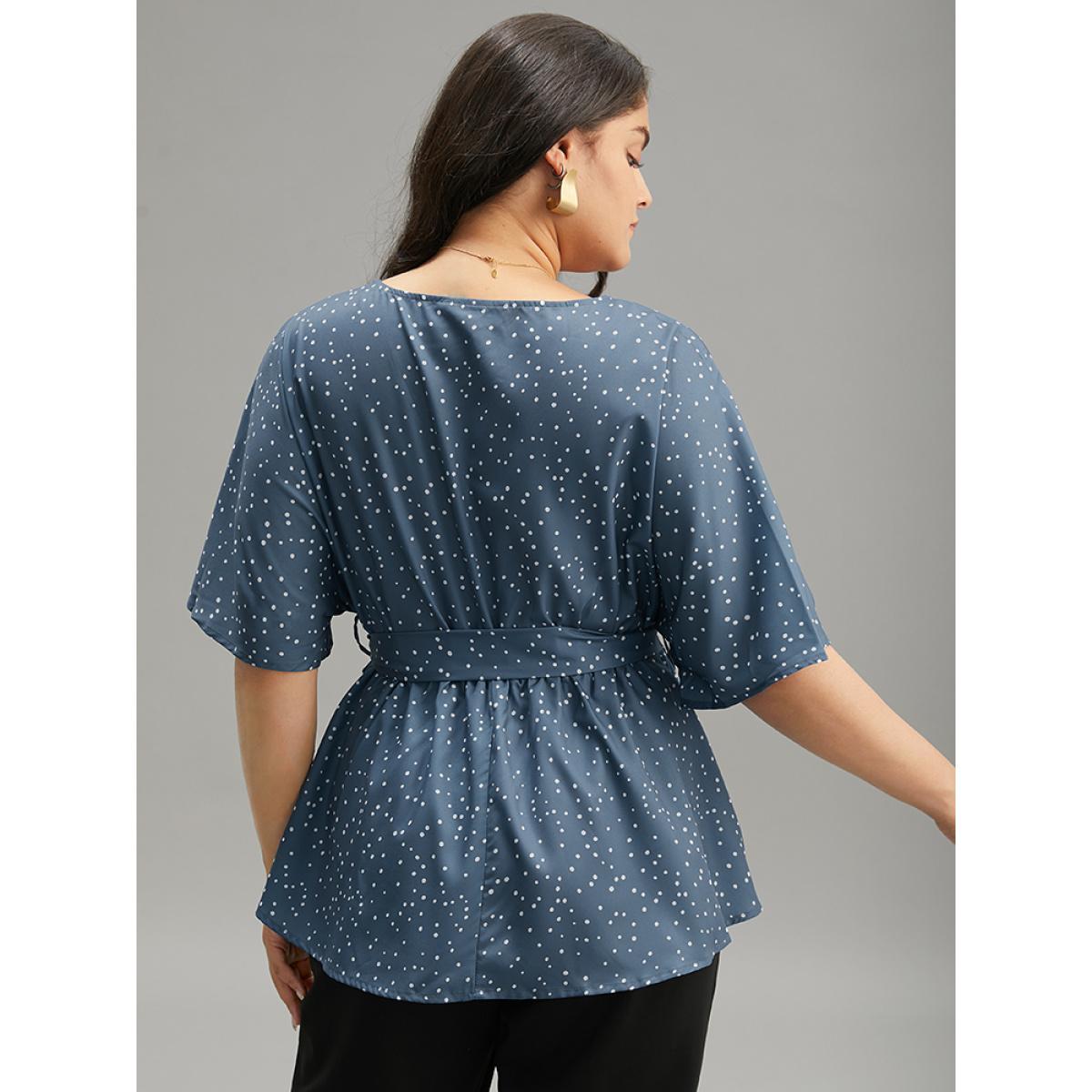 Plus Size Stone Polka Dot Flutter Sleeve Wrap Belted Blouse Women Office Short sleeve V-neck Work Blouses BloomChic 26/4X Product Image
