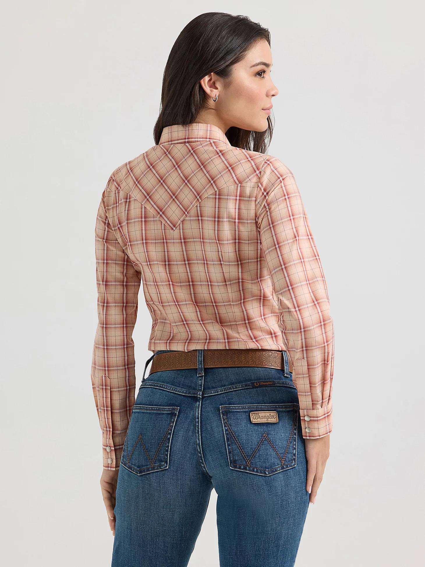 Women's Essential Long Sleeve Plaid Western Snap Top in Peachy Product Image