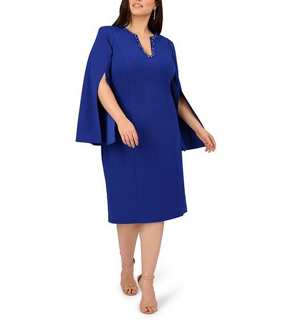 Adrianna Papell Plus Size Solid Crepe Jewel Embellished Split V-Neck Long Sleeve Sheath Dress Product Image