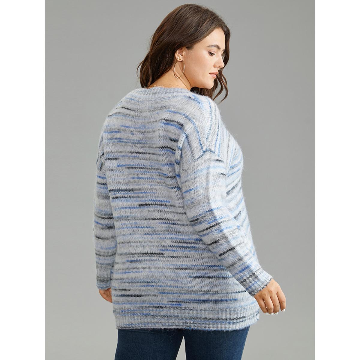 Plus Size Ombre Heather Drop Shoulder Pullover LightBlue Women Casual Loose Long Sleeve V-neck Everyday Pullovers BloomChic 12/L Product Image