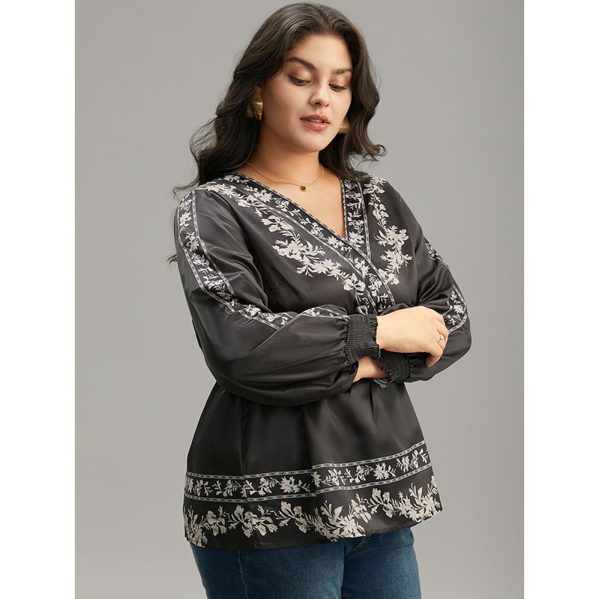 Plus Size BlackFlower Boho Print Shirred Lantern Sleeve Blouse Women Resort Long Sleeve V-neck Vacation Blouses BloomChic 12/L Product Image