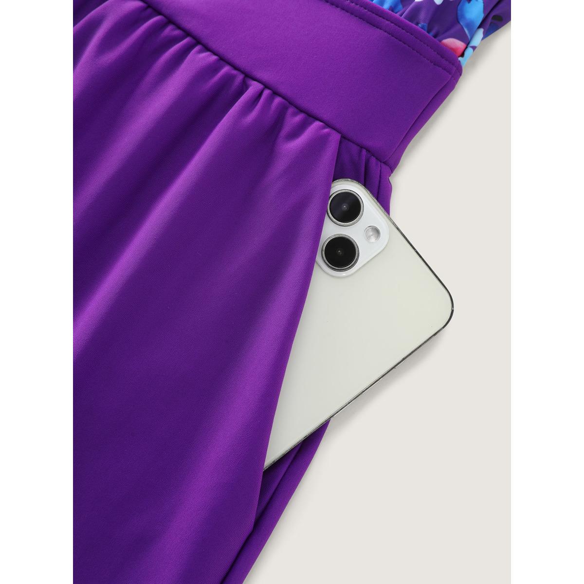 Plus Size Floral Print Keyhole Pockets Swim Romper Women's Swimwear DarkViolet Resort Pocket Curve Bathing Suits High stretch One Pieces BloomChic 12/L Product Image