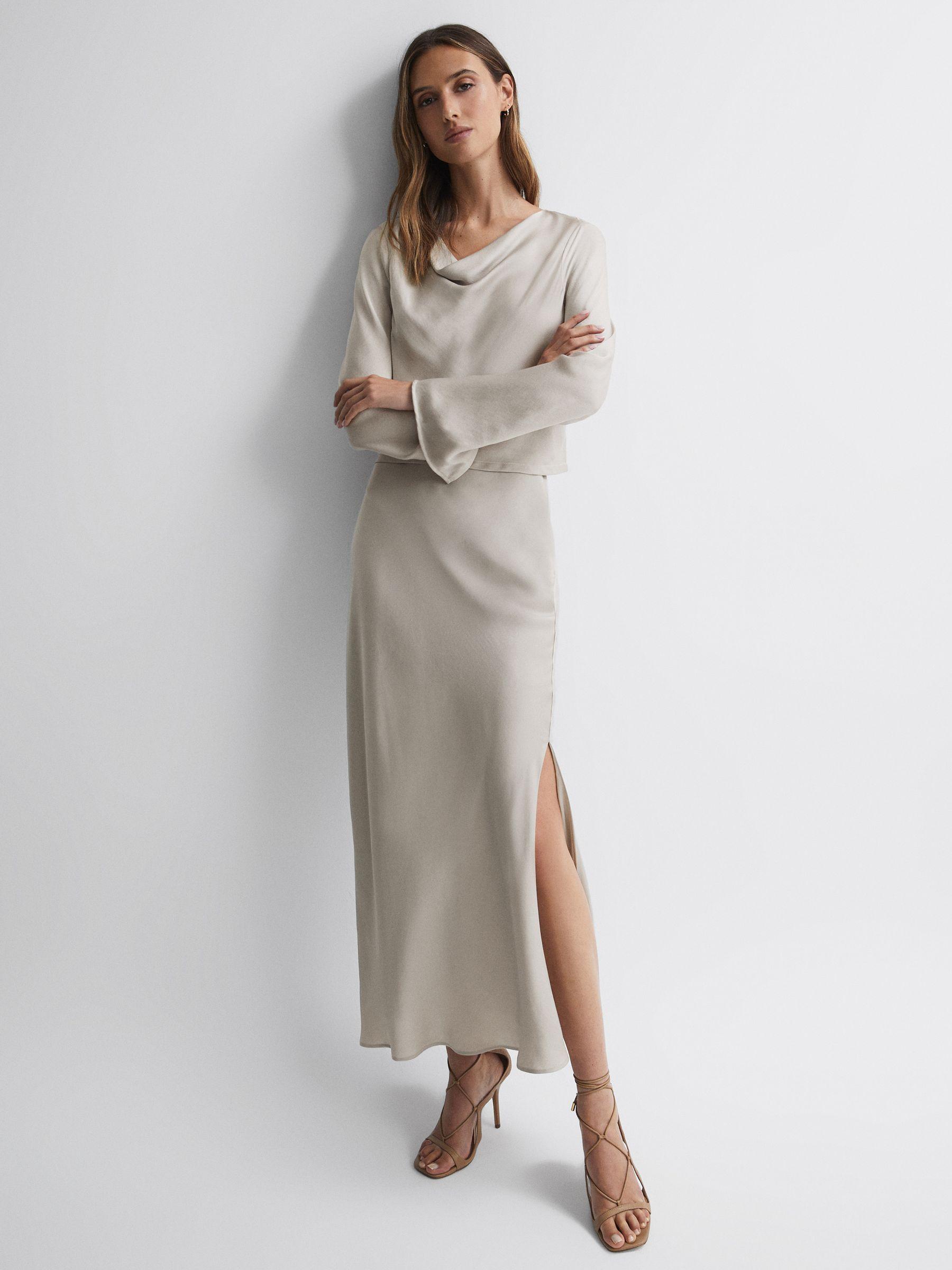 Metallic Fitted High Rise Midi Skirt in Silver Product Image