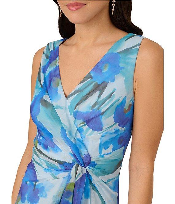 Adrianna Papell Chiffon Floral Print V Neck Sleeveless Front Drape A-Line Midi Dress Product Image