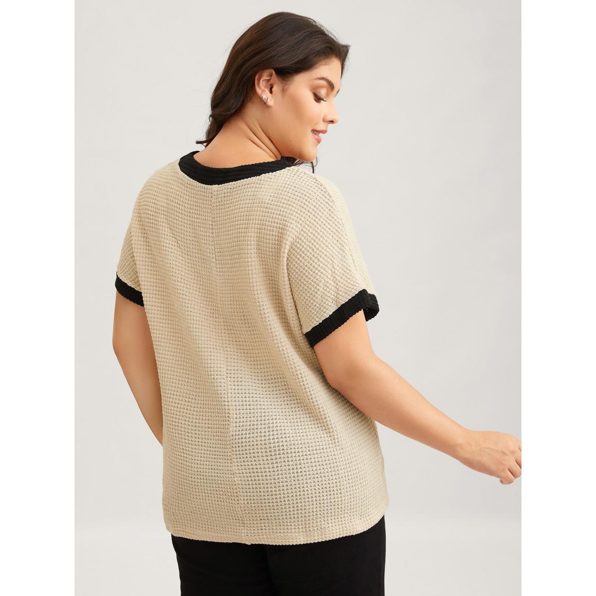 Plus Size V Neck Contrast Button Detail Knit T-shirt Apricot Women Leisure Texture V-neck Casual T-shirts BloomChic 22-24/3X Product Image