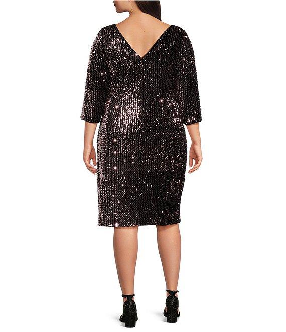 Ignite Evenings Plus Size Velvet Sequin Crew Neck 3/4 Sleeve Sheath Dress Product Image