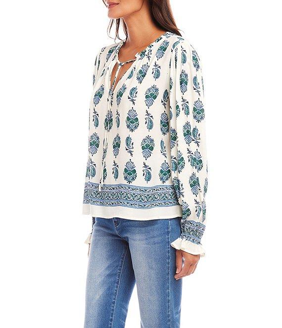 Karen Kane Border Print Split V-Neck Long Sleeve Peasant Top Product Image
