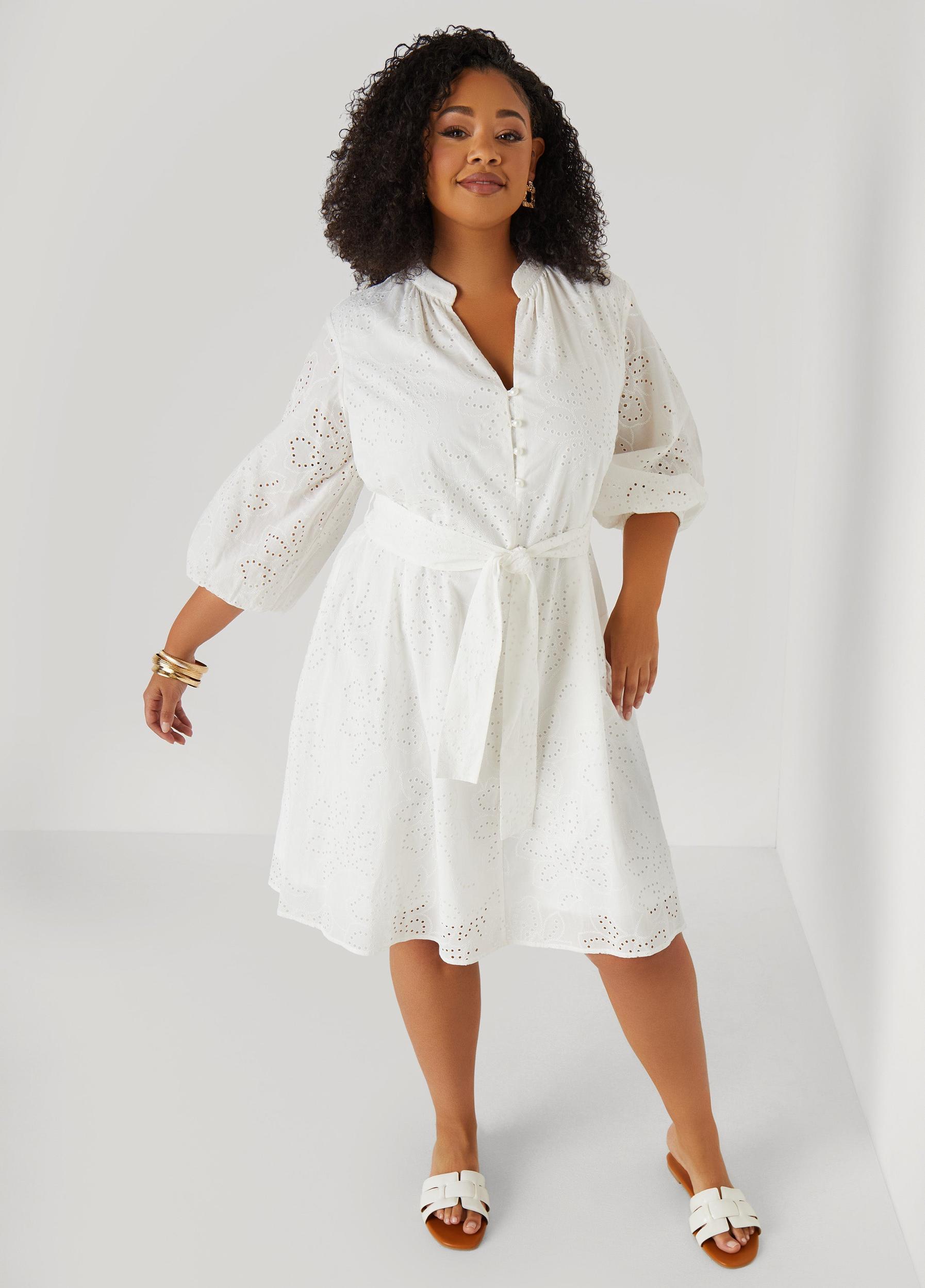 Plus Size Eyelet Cotton Puff Sleeved Dress Ashley Stewart Product Image