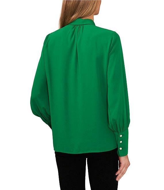 CeCe Heavy Georgette Point Collar Long Sleeve Pearl Button Front Shirt Product Image