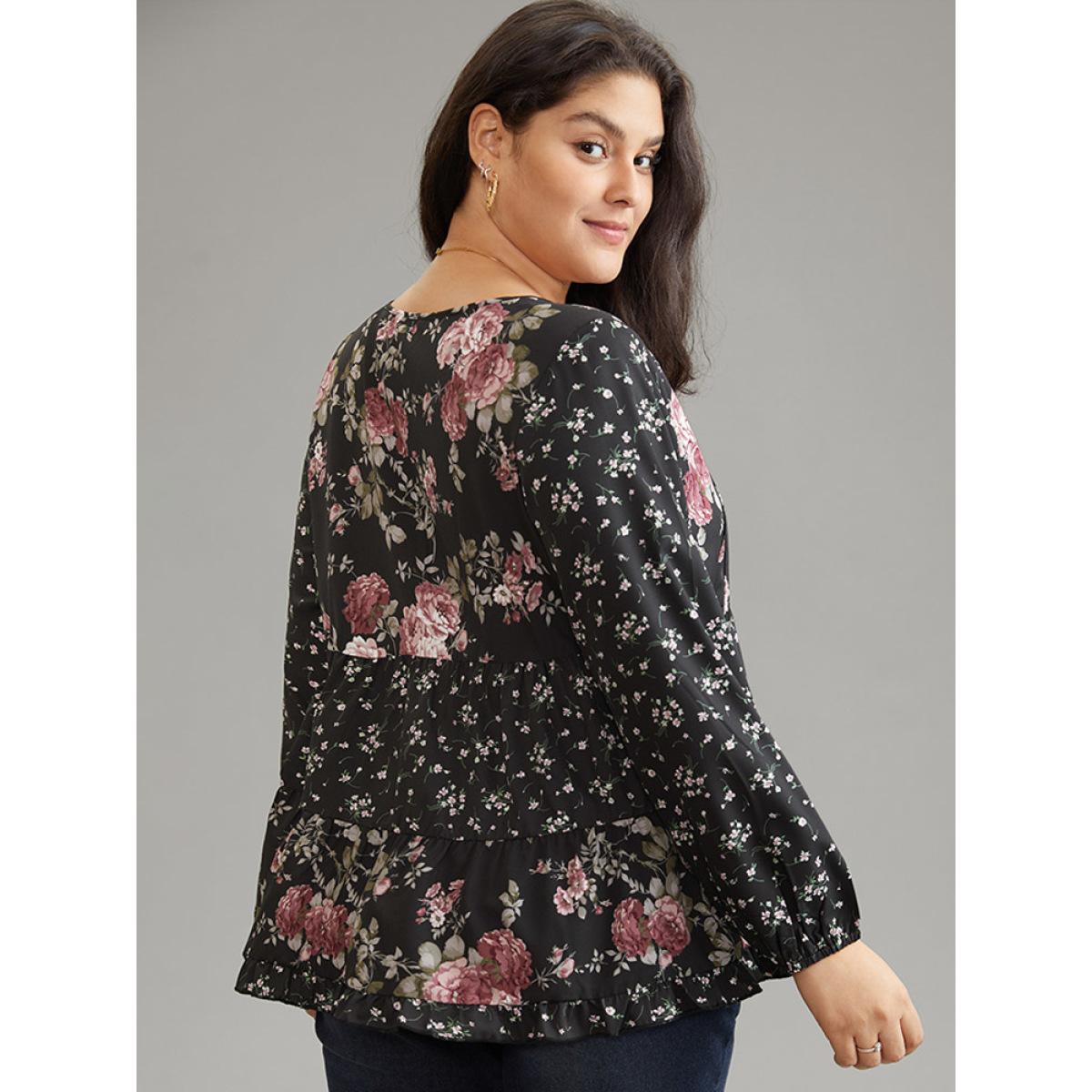 Plus Size Black Floral Knot Neck Lantern Sleeve Ruffle Layered Hem Blouse Women Elegant Long Sleeve Tie Neck Vacation Blouses BloomChic 14-16/1X Product Image