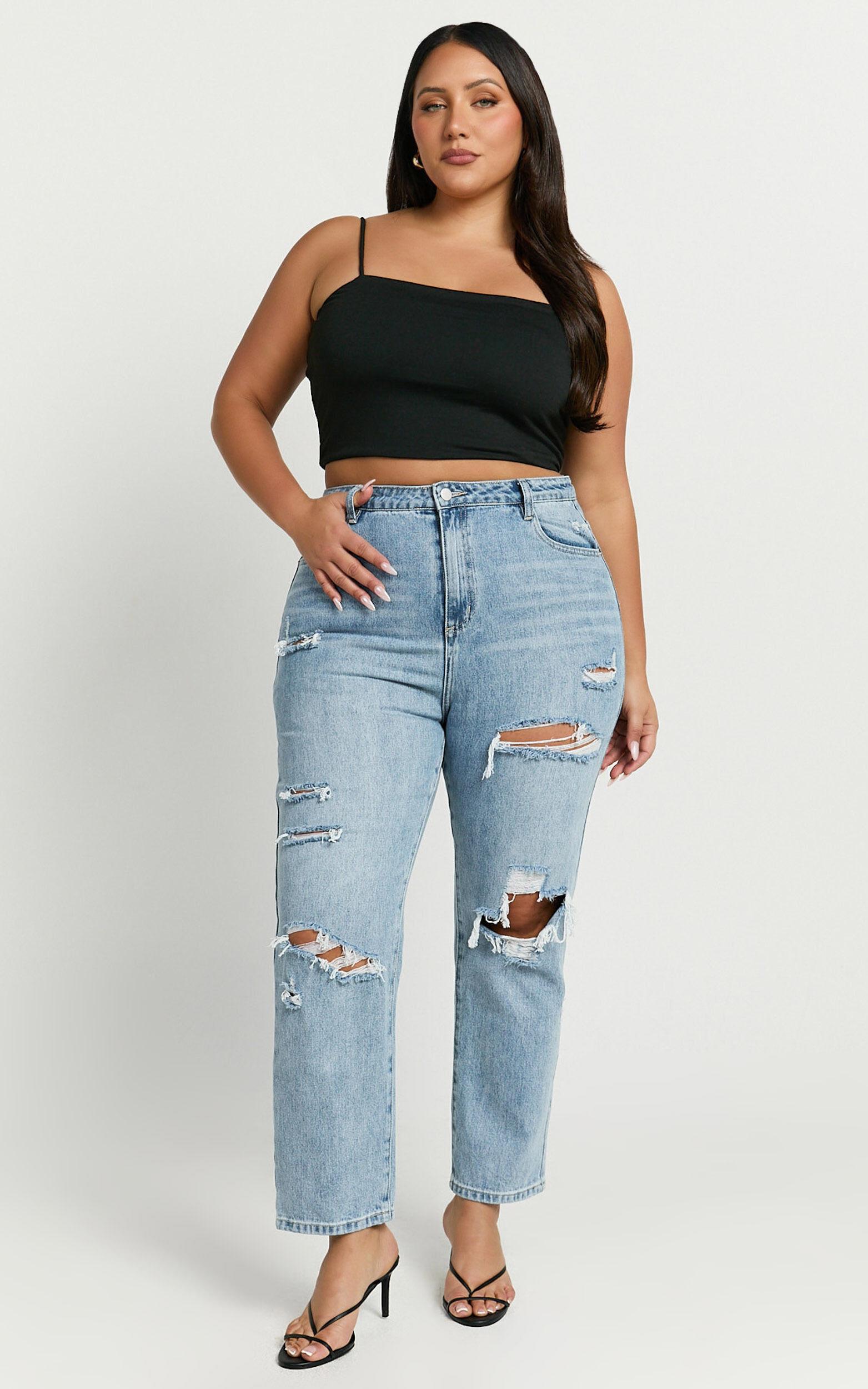 Billie Jeans - High Waisted Cotton Distressed Mom Denim Jeans in Mid Blue Wash Product Image