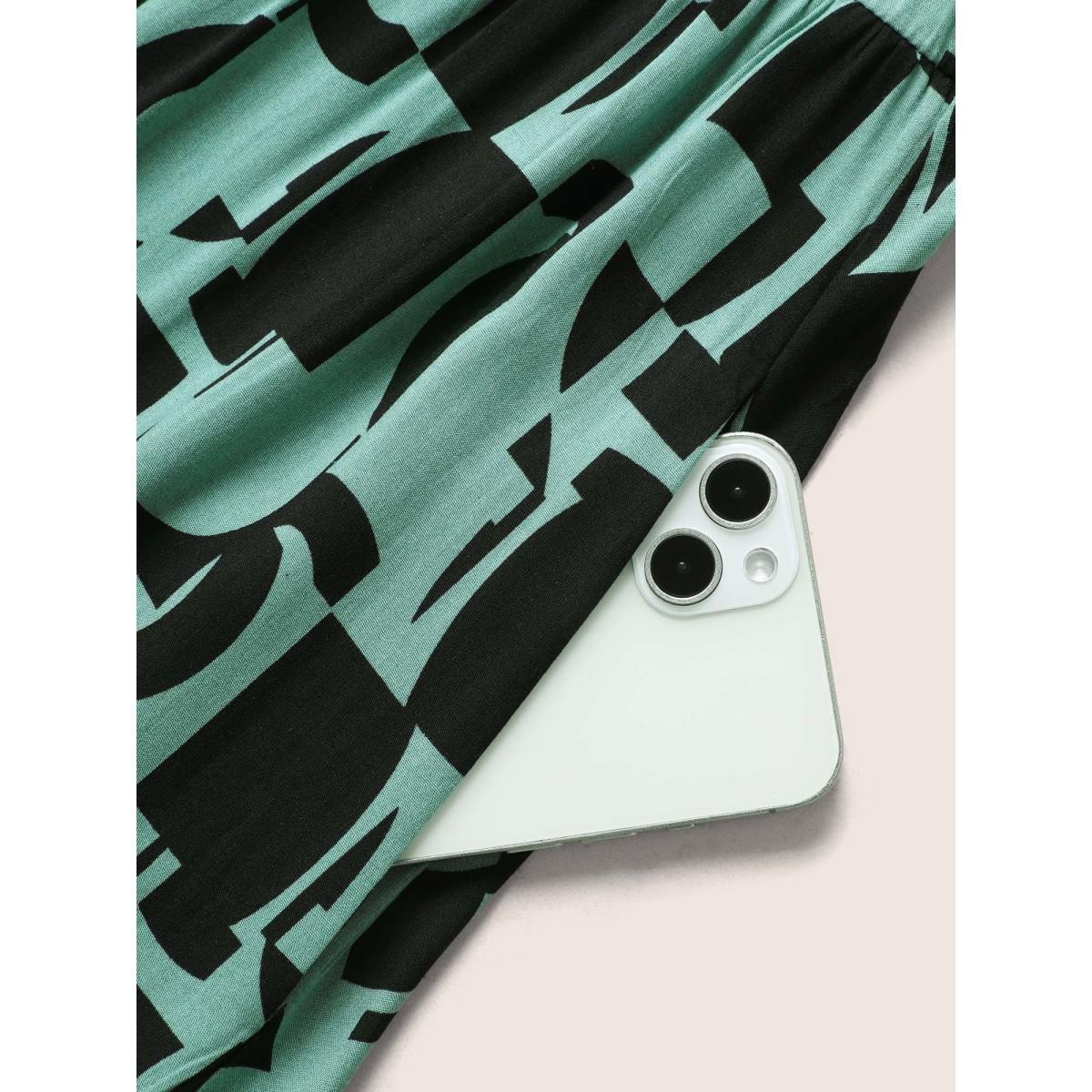 Plus Size Geometric Mock Neck Ruffles Trim Belted Dress Emerald Women At the Office Belted Mock Neck Cap Sleeve Curvy BloomChic 18-20/2X Product Image