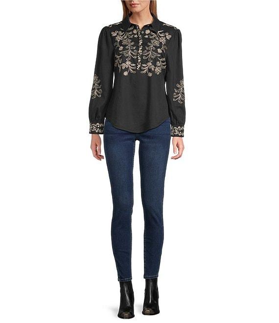 Reba Prescott Woven Point Collar Long Sleeve Embroidered Peasant Shirt Product Image