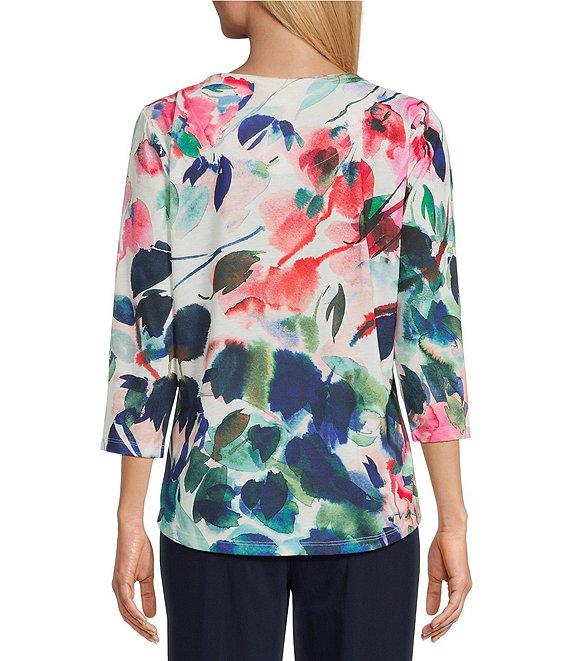 Allison Daley Petite Size Embellished True Navy Inky Floral Print 3/4 Sleeve Crew Neck Knit Top Product Image