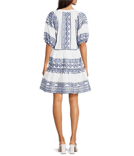 Calessa Embroidered Printed Band Collar Split V-Neck 3/4 Sleeve Shift Dress Product Image