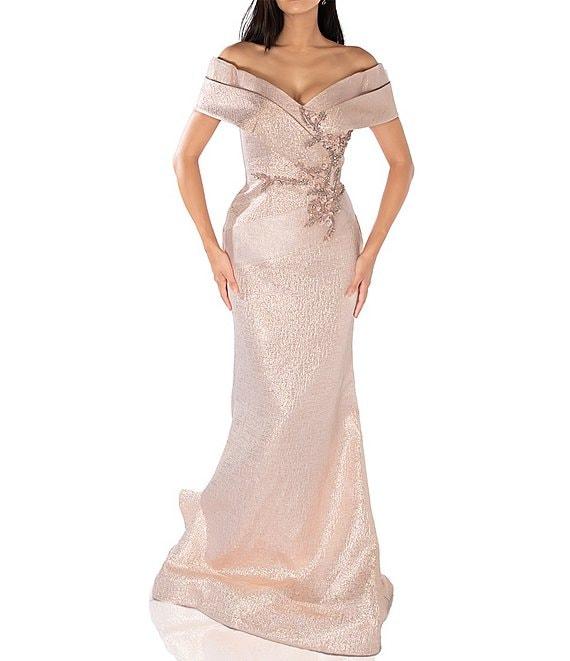 Terani Couture Metallic Jacquard Off-The-Shoulder Beaded Bodice Mermaid Gown Product Image