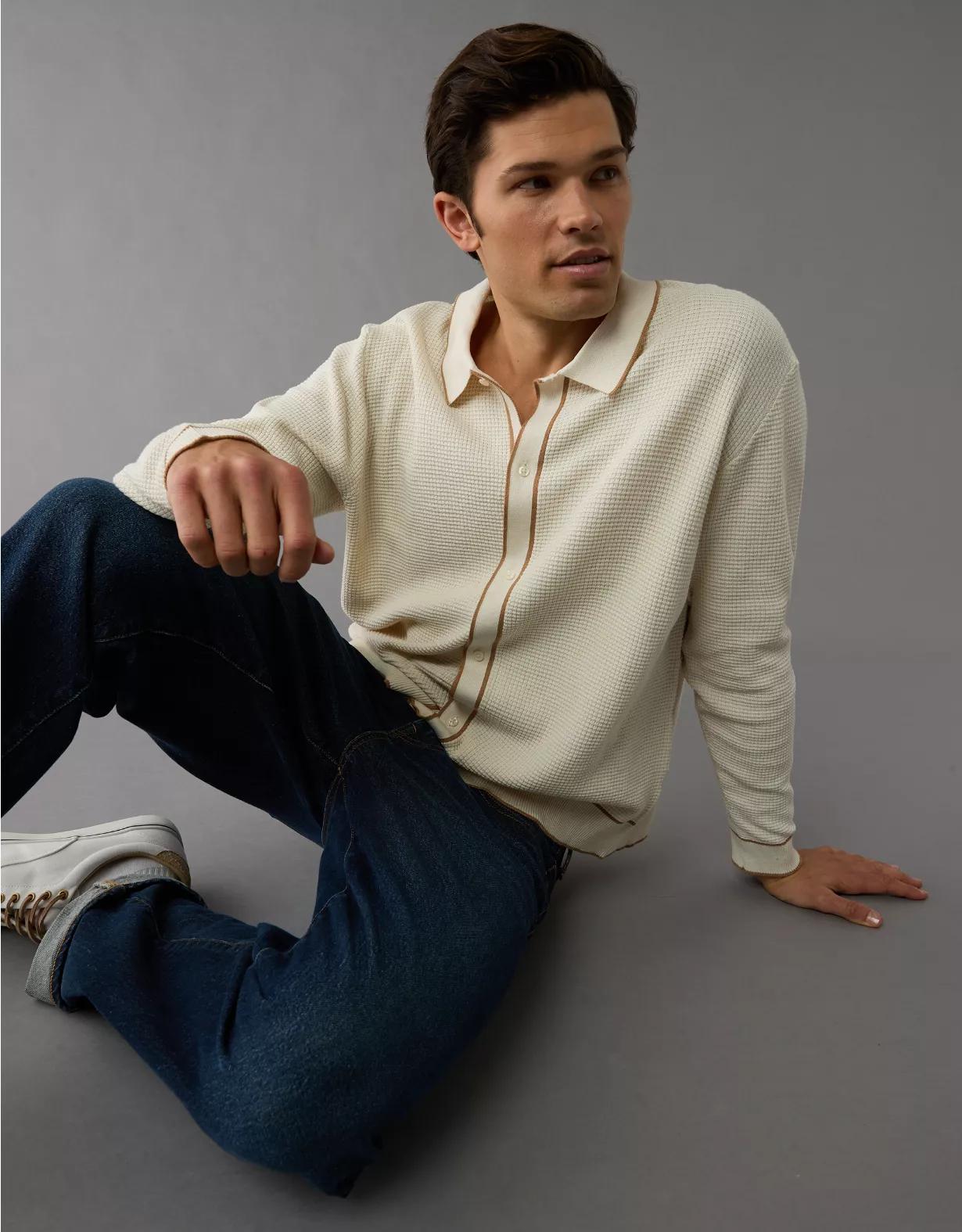 AE Long-Sleeve Tipped Waffle Sweater Polo Shirt Product Image