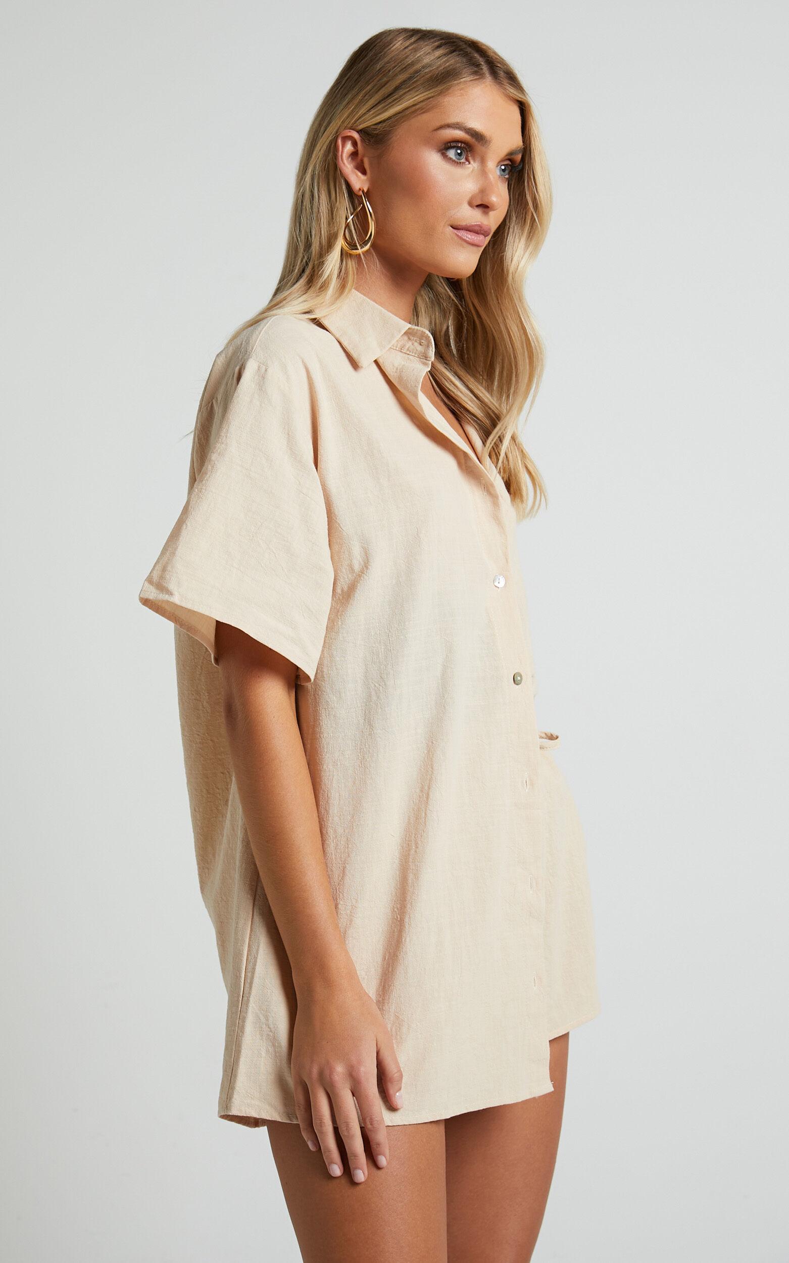 Vina Del Mar Two Piece Set - Linen Look Shirt and Shorts Set in Oatmeal Product Image