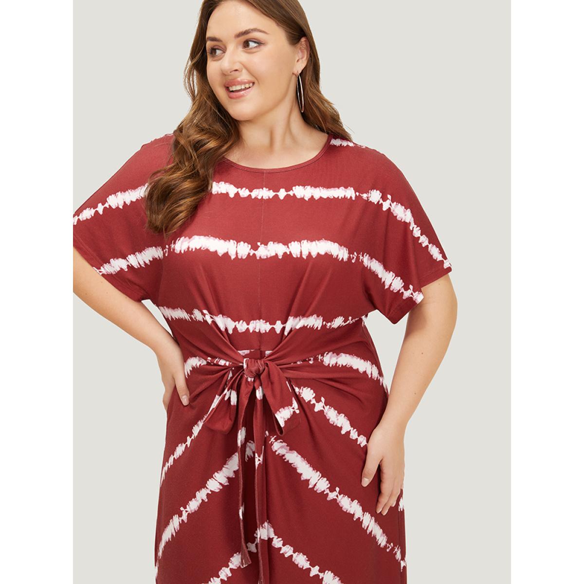 Plus Size Striped Print Batwing Sleeve Knot Front Tie Dye Dress Burgundy Women Casual Cross straps Round Neck Short sleeve Curvy Knee Dress BloomChic 28/5X Product Image