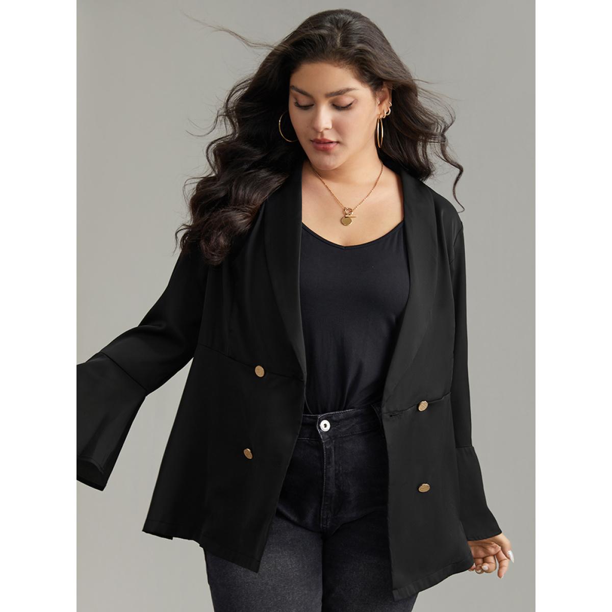 Plus Size Plain Ruffles Button Up Blazer Black Women Dailywear Plain Plain Ruffle Sleeve Long Sleeve Lapel Collar 18-20/2X Casual Blazers BloomChic Product Image