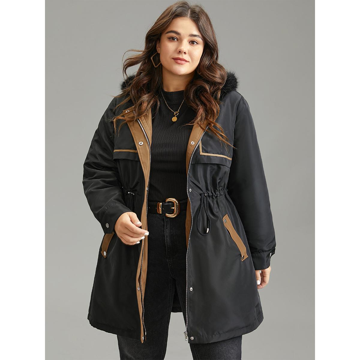Plus Size Contrast Drawstring Patchwork Zipper Fuzzy Trim Coat Women Black Casual Lined Ladies Dailywear Winter Coats BloomChic 28/5X Product Image