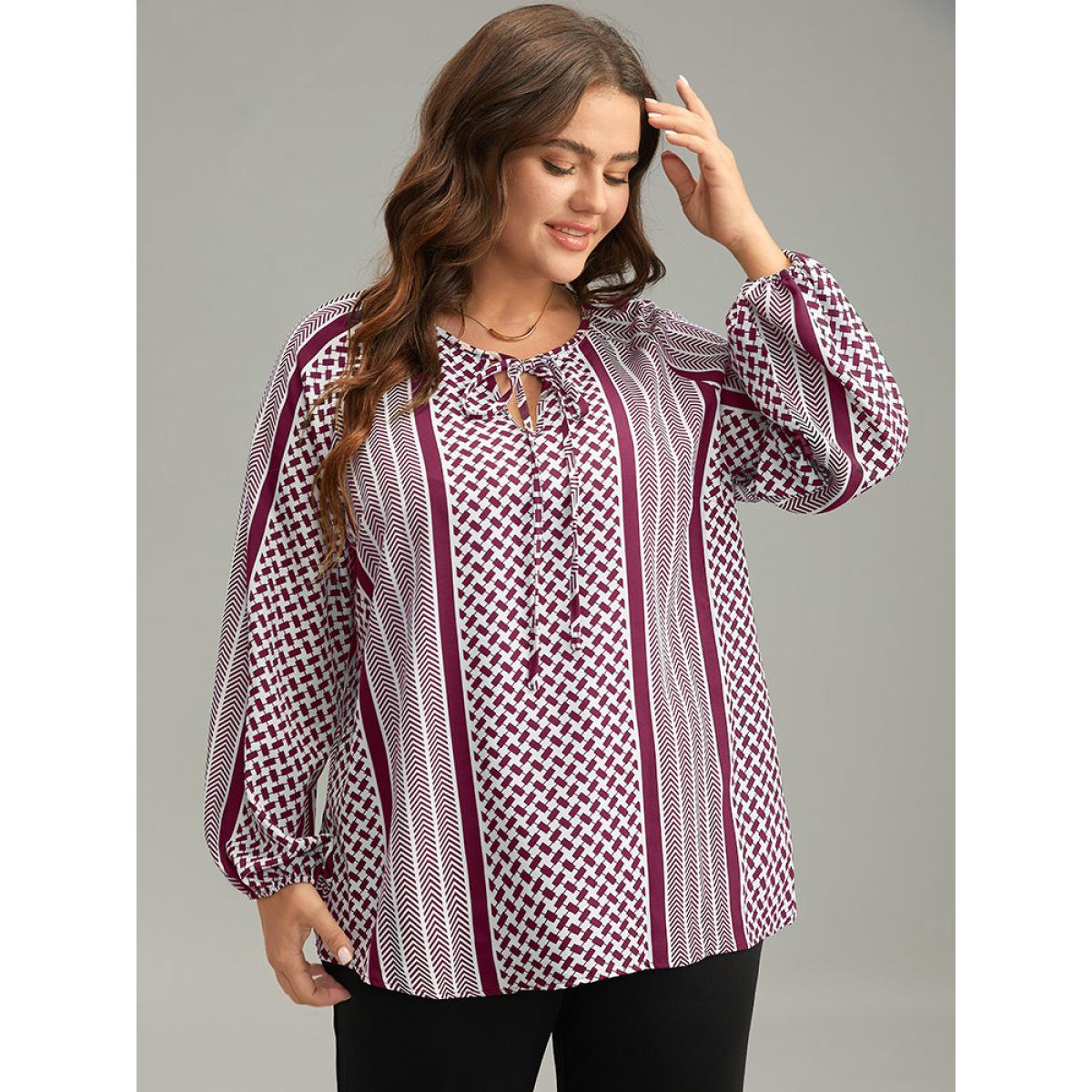 Plus Size RedViolet Geo Striped Tie Lantern Sleeve Blouse Women Resort Long Sleeve Tie Neck Vacation Blouses BloomChic 22-24/3X Product Image
