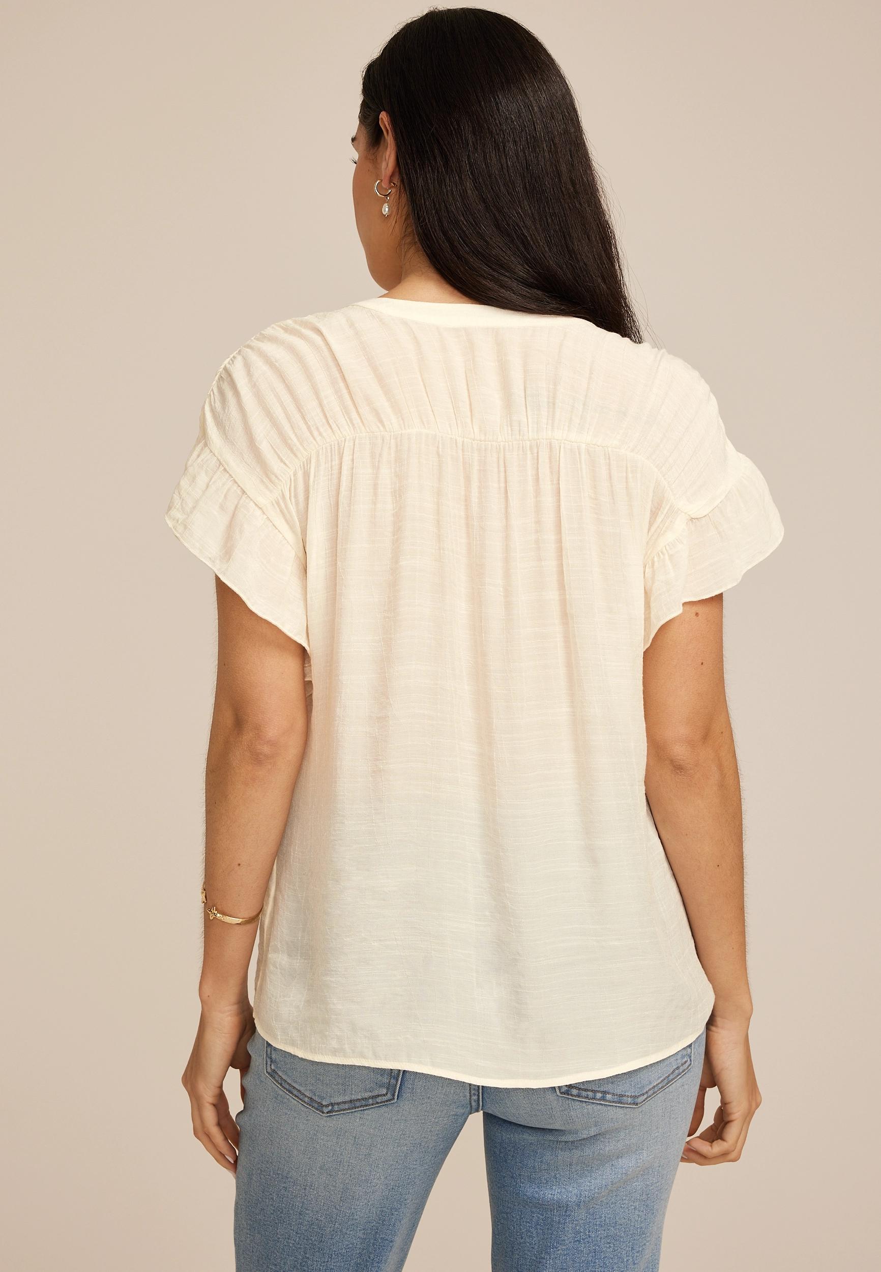 Ruffle Short Sleeve Button Down Shirt Product Image