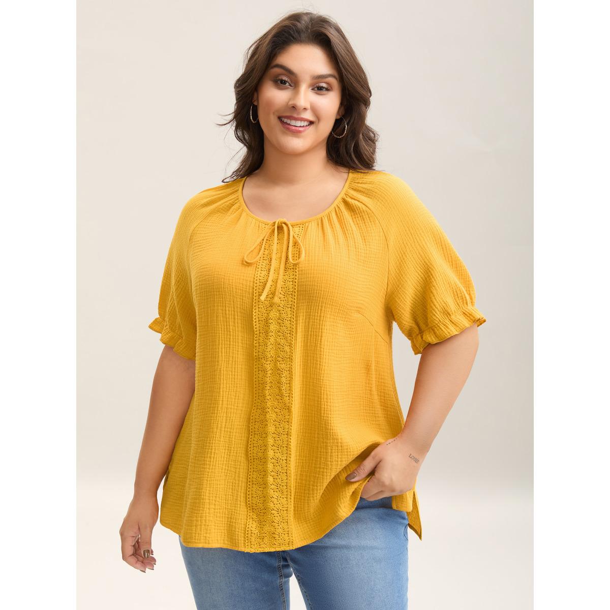 Plus Size Turmeric Pure Cotton Lace Placket Tied Blouse Women Short sleeve Round Neck Casual Blouses BloomChic 28/5X Product Image